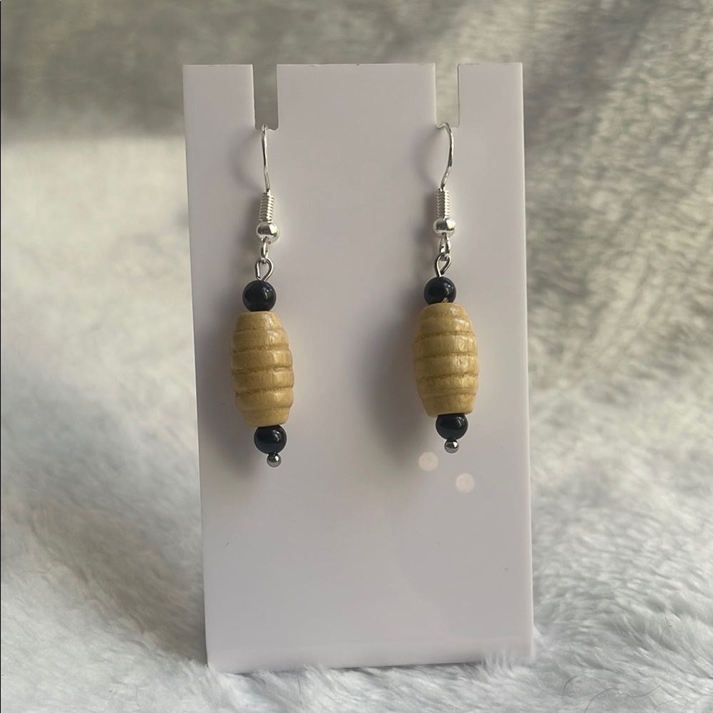 Elegant Tan and Black Beaded Earrings
